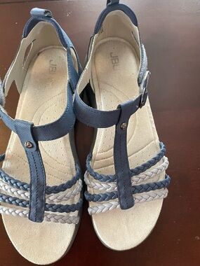 JBU Navy and Light Gray Braided T-Strap Comfort Sandals